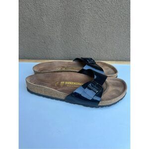 Birkenstock Shiny Black Leather Slip On Sandals Slides Womens Size 40 (US 9)